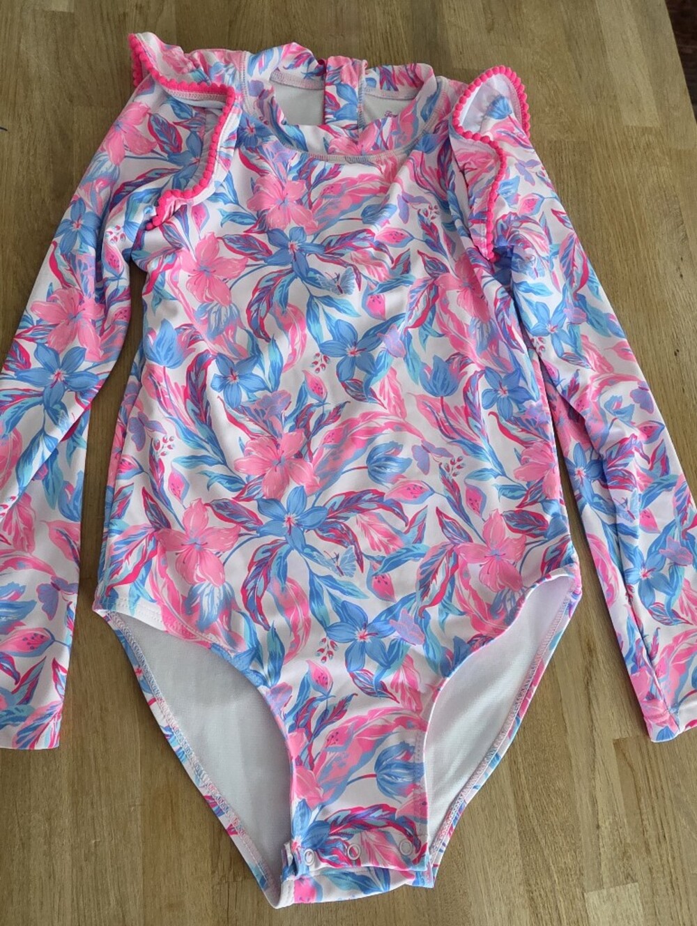 Tommy Bahama Girls Long Sleeve Floral One-Piece Swimsuit Pink Blue Sz 8 NWOT